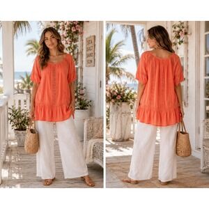 Women's Turkish Cotton Cottage Chic Coral Crochet Lace Pintuck Ruffle Top Medium